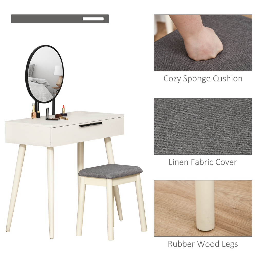 Dressing Table Vanity Set Makeup Desk with Round Mirror Cushioned Stool White