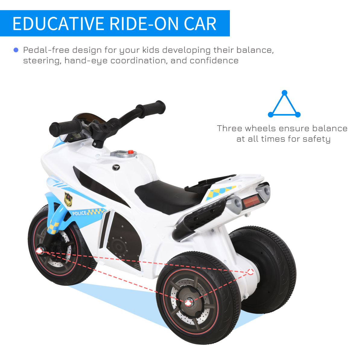 Kids Ride-On Police Bike 3-Wheel Vehicle with Music Lights 18-36 Mths