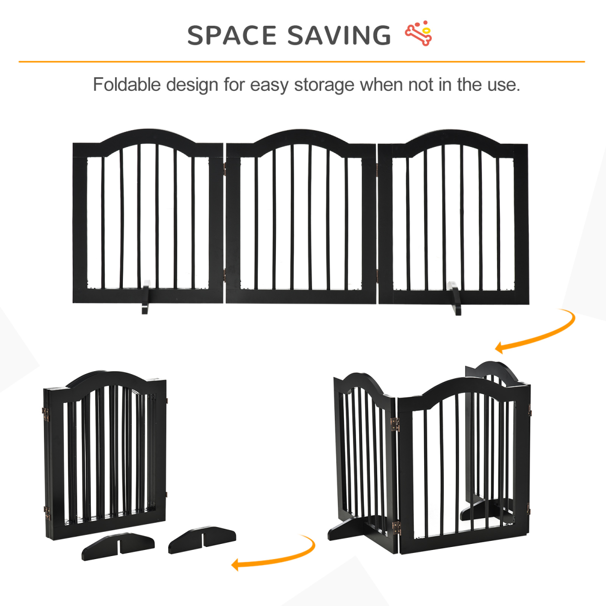 3 Panels Dog Gate w/ Support Feet Fence Safety Barrier Freestanding Wood Black