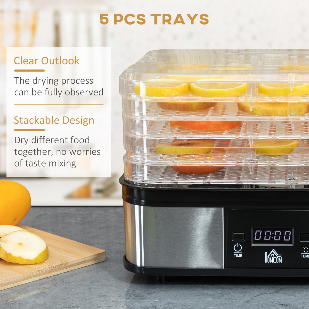 5-Tier Food Dehydrator with LCD Timer — 245W, Silver