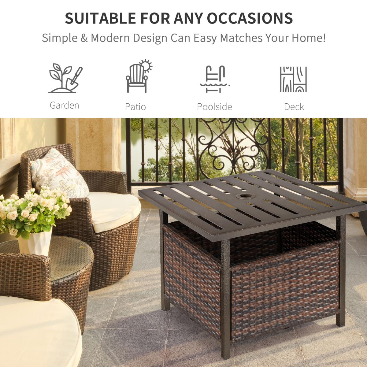Outsunny Outdoor Rattan Coffee Table with Umbrella Hole Fit for Garden Backyard