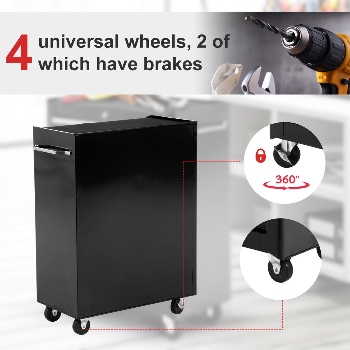 5-Drawer Lockable Steel Tool Storage Cabinet w/ Wheels Handle 2 Keys Black