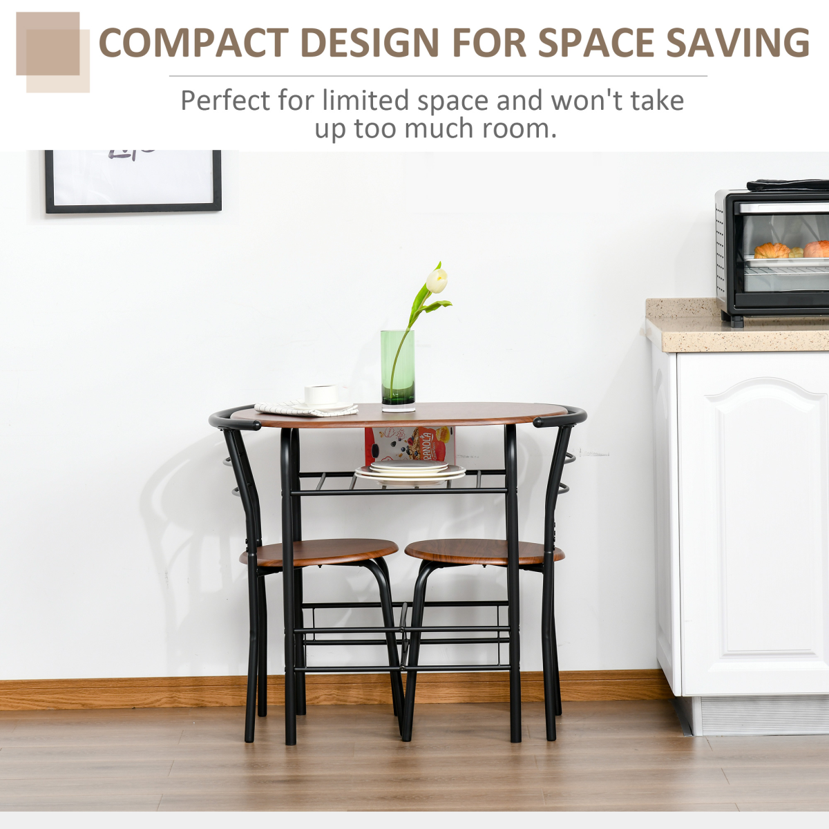 MDF 2-Seater Bar Stool and Table Set with Bottle Storage Shelf Wood Tone