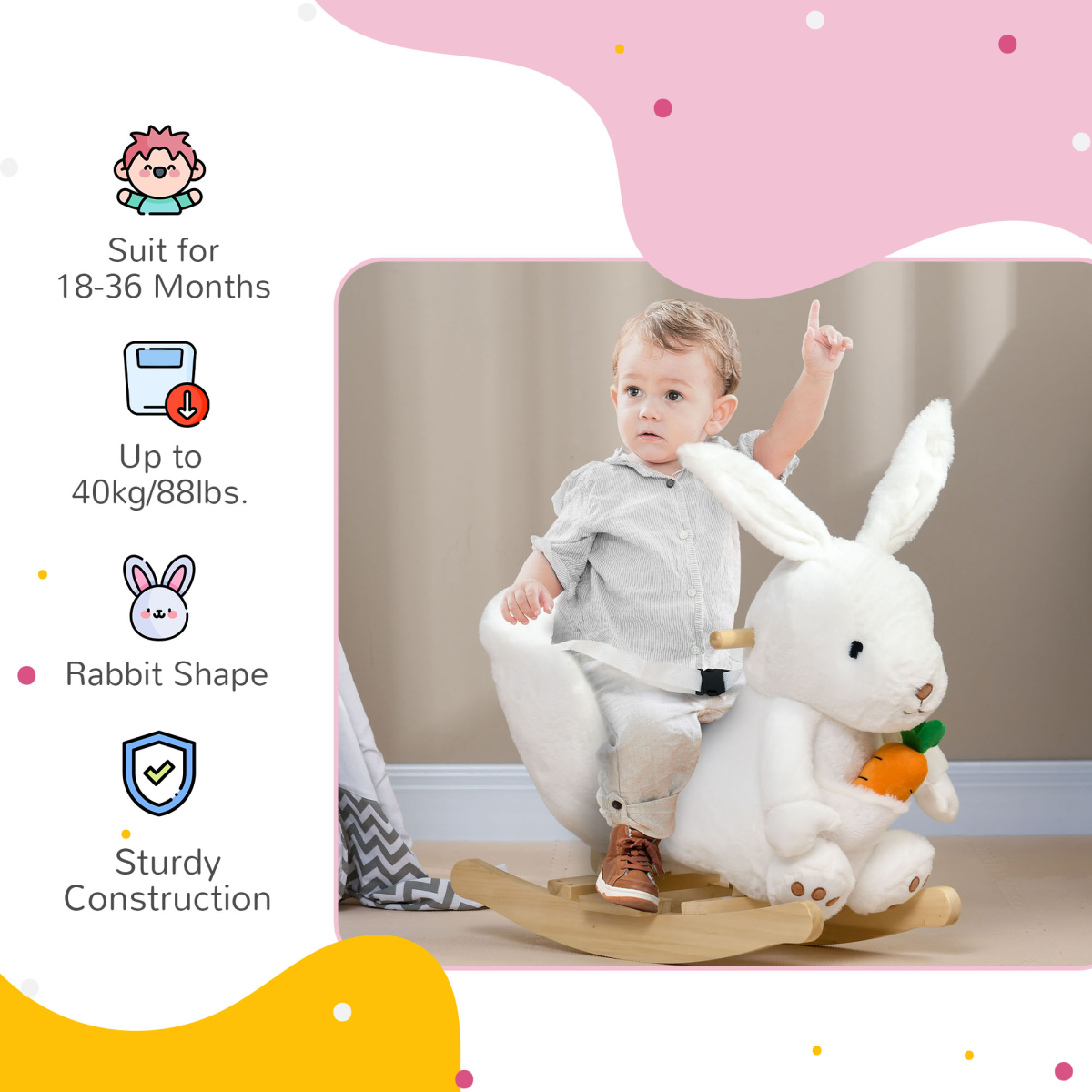 Kids Rabbit-Shaped Rocking Horse with Realistic Sounds Safety Belt White