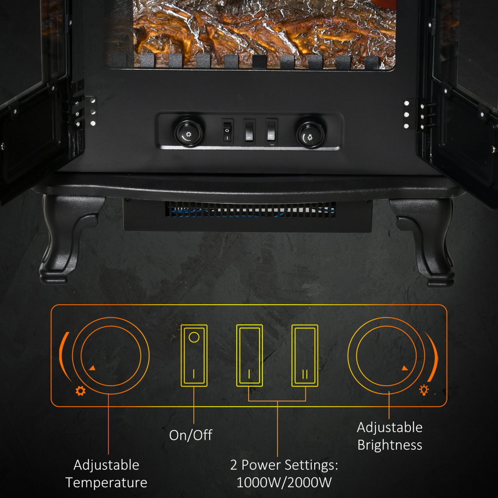 Electric Fireplace LED Fire Flame Effect, Double Door, 1000W/2000W, Black