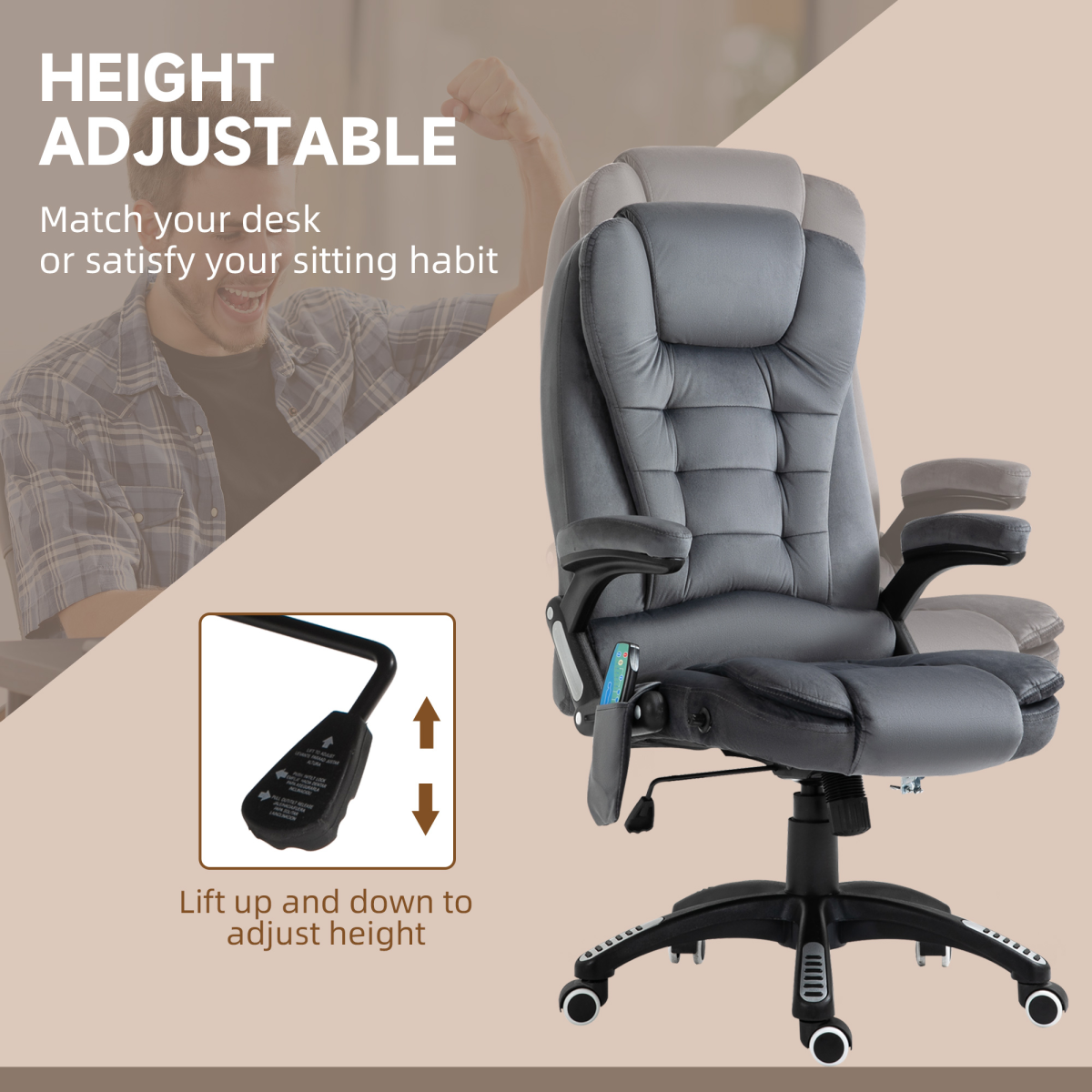 Executive Reclining Chair w/ Heating Massage Points Relaxing Headrest Grey