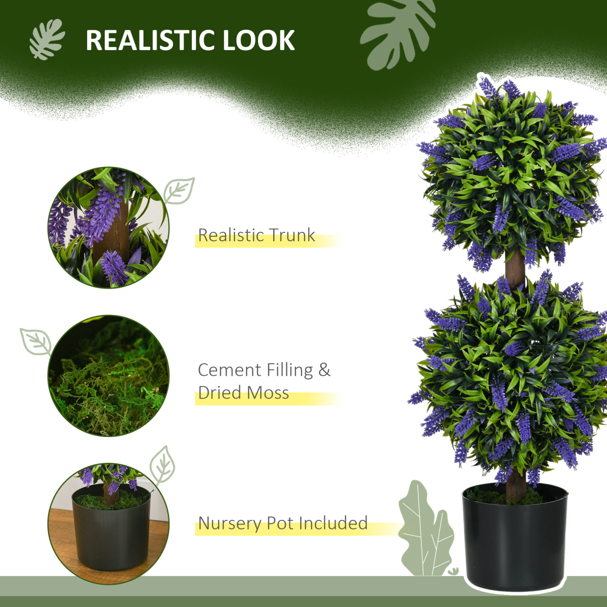 Set of 2 Potted Artificial Plants Ball Tree with Lavender Flowers, 70cm