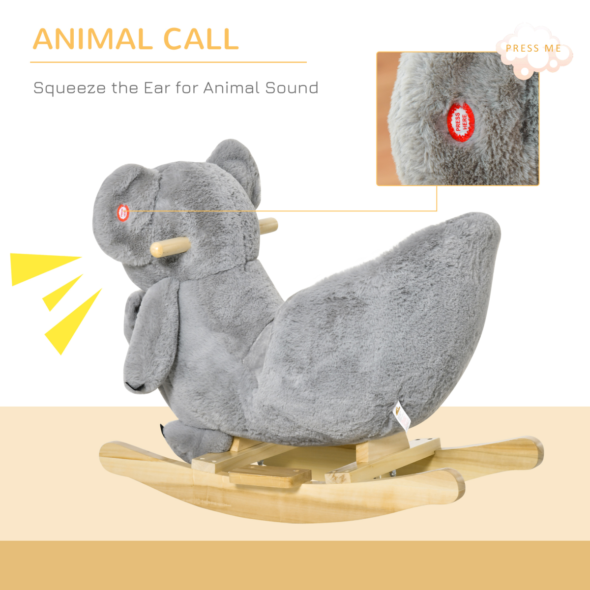 Kids Plush Ride-On Rocking Horse Koala-shaped Toy with Gloved Doll Grey