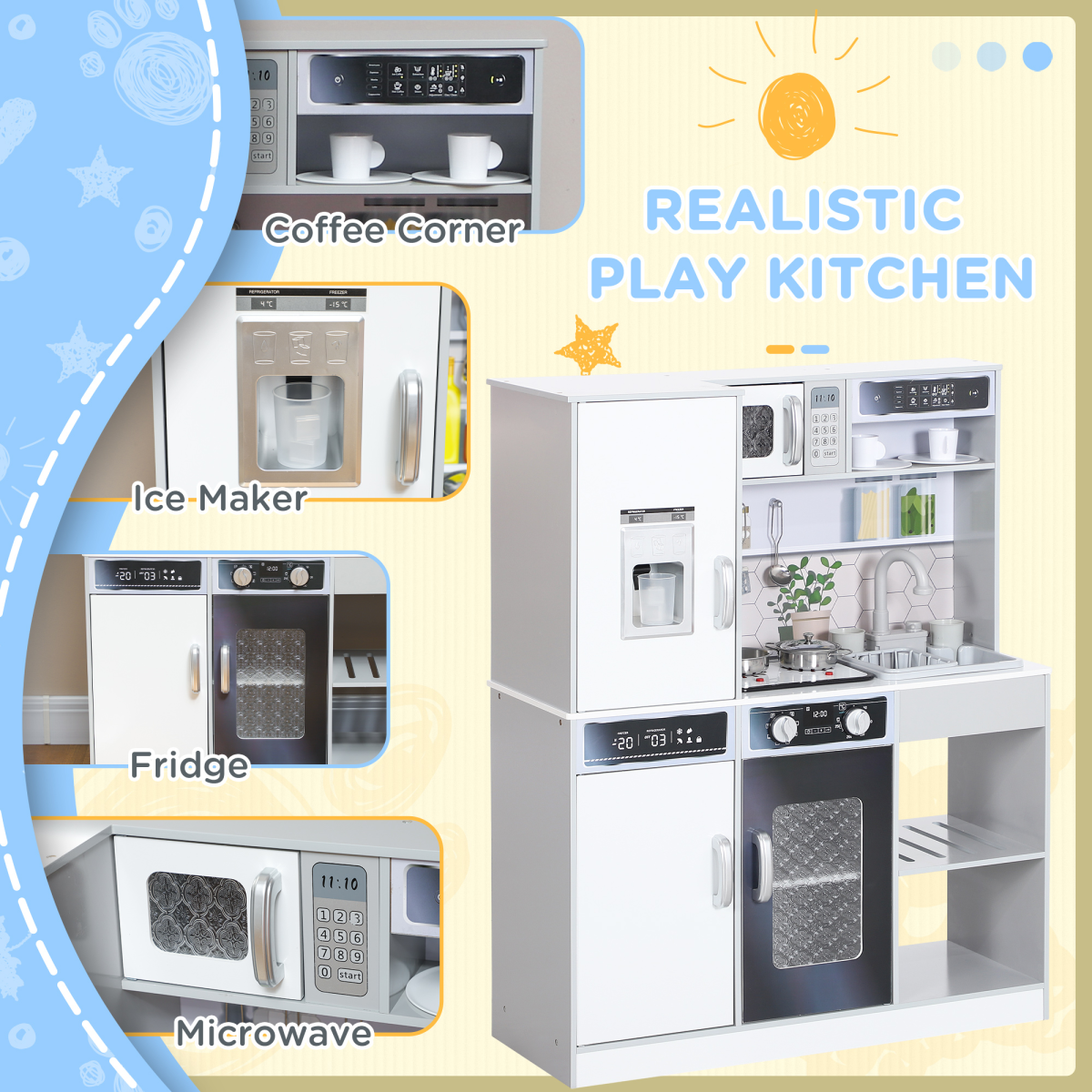 AIYAPLAY Play Kitchen, Pretend Toy Kitchen with Sounds Lights, Microwave