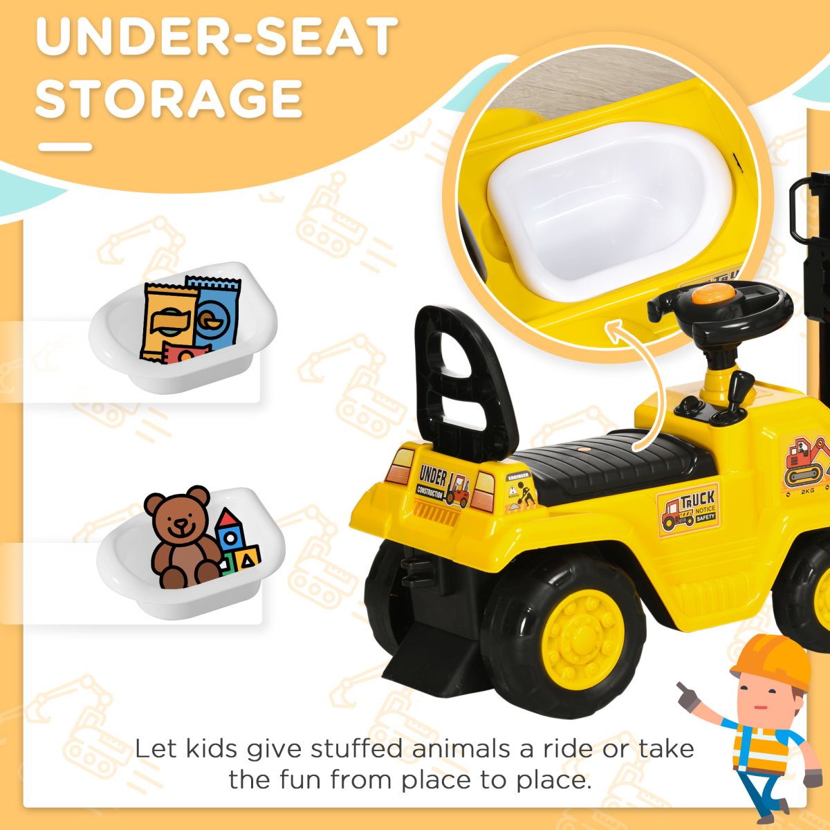 Kids Ride on Forklift Truck with Fork Tray, Under Seat Storage, Backrest