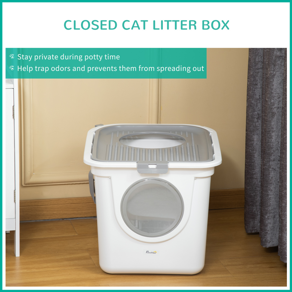 Cat Litter Tray Pet Litter Box Toilet with Front Entrance, Top Exit, Scoop - White