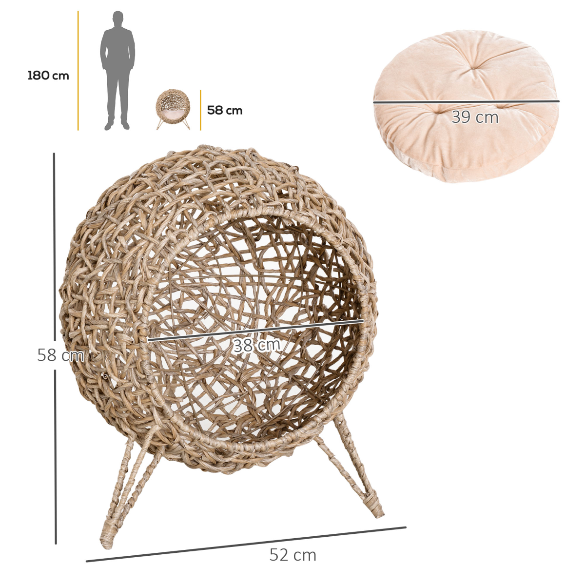Rattan Elevated Cat House Kitten Bed Pet Furniture with Cushion Natural