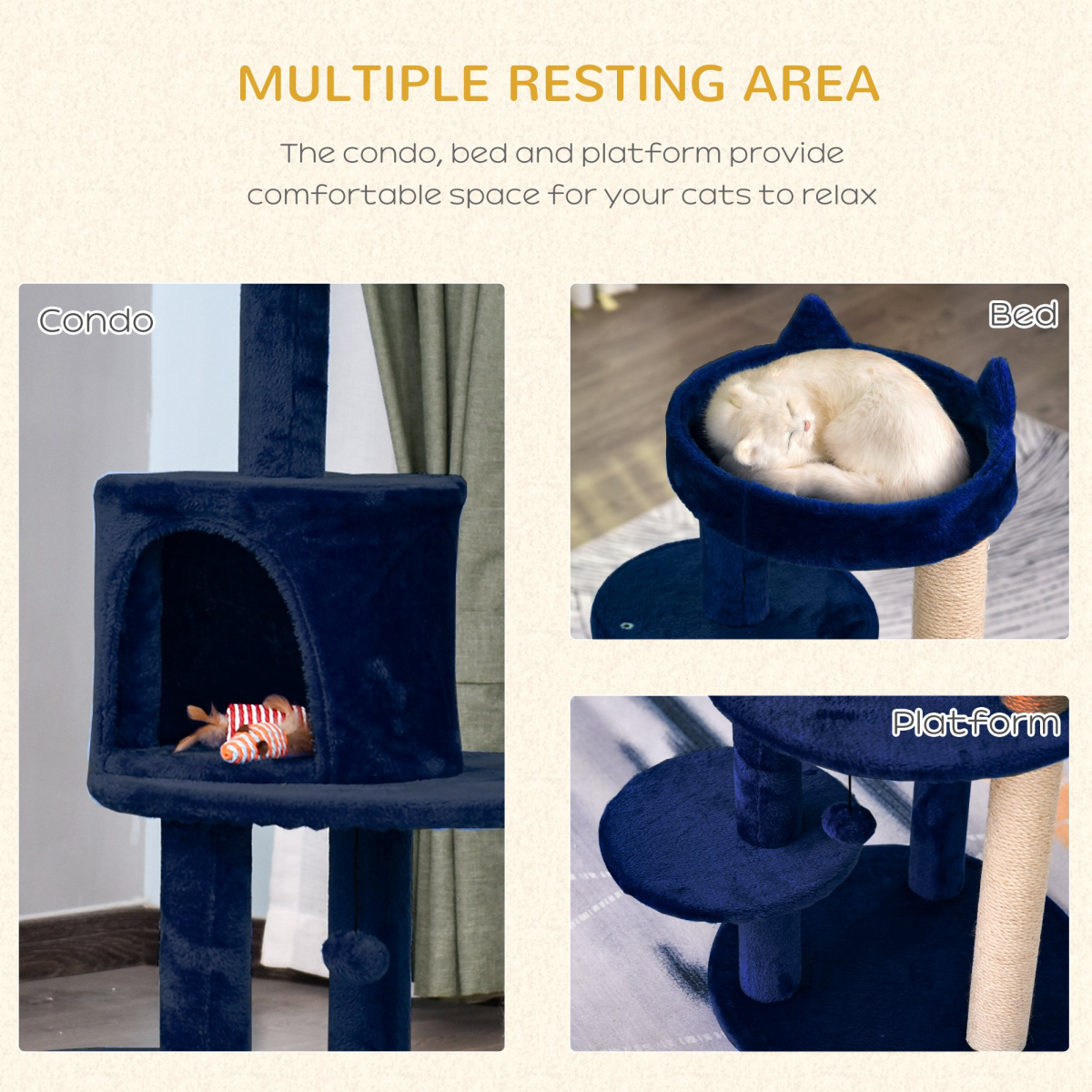 104cm Deluxe Cat Activity Tree with Scratching Posts Ear Perch House - Blue