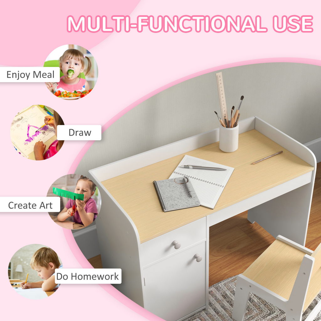 ZONEKIZ Kids Desk and Chair Set for 3-6 Year Old with Storage Drawer, White