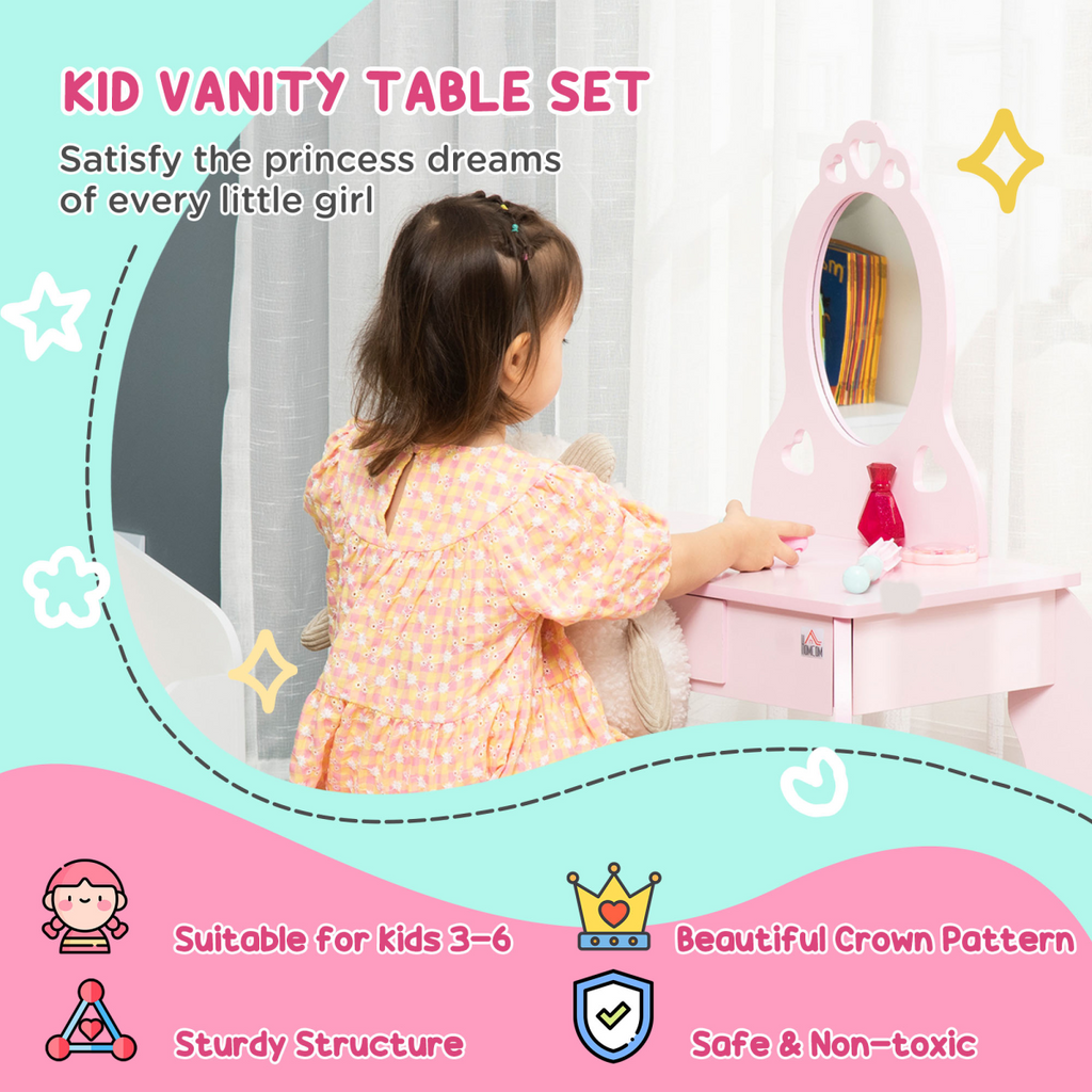 Kids Vanity Table & Stool Girls Dressing Set Make Up Desk with Mirror