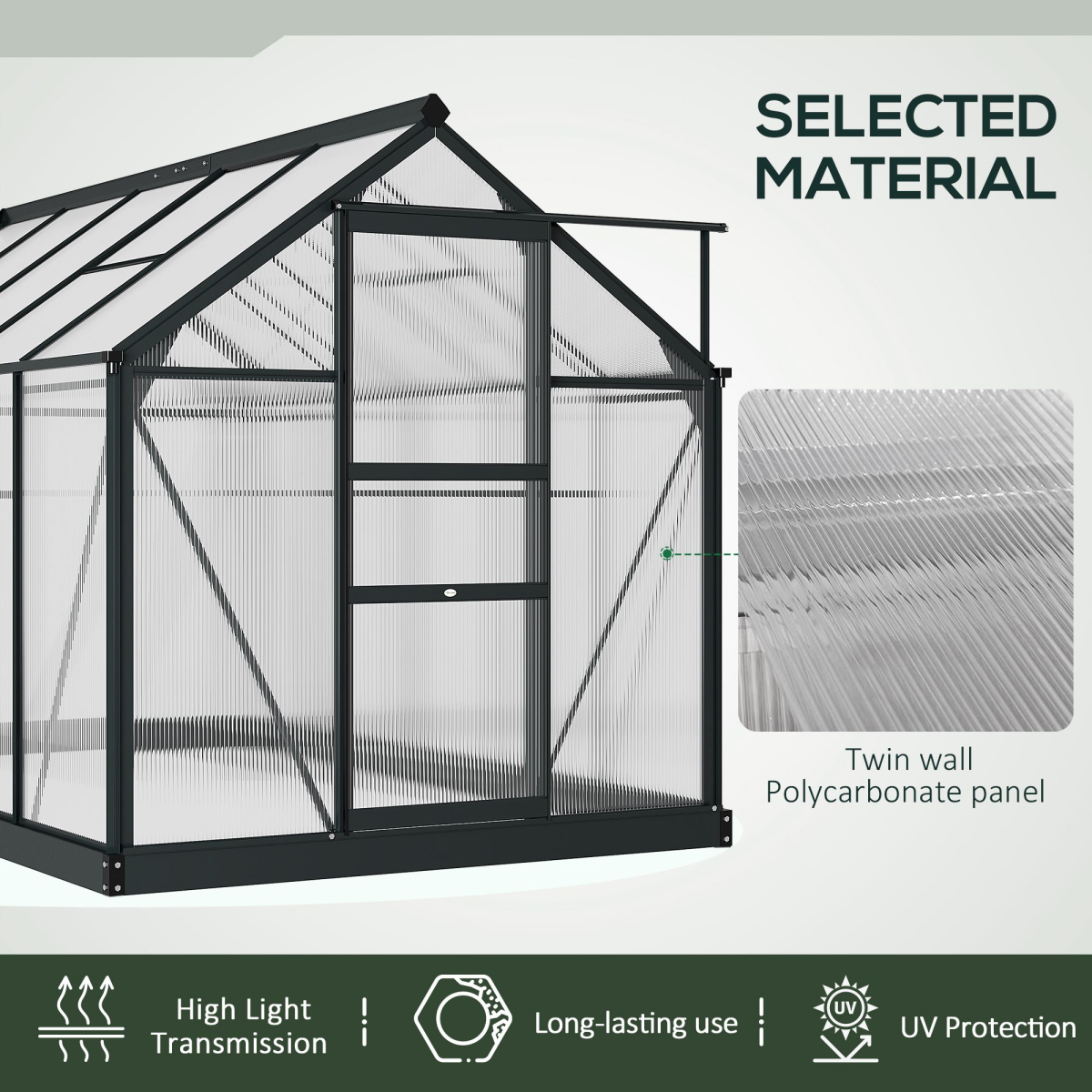 Polycarbonate Walk-In Garden Greenhouse Aluminium Frame with Slide Door 6 x 10ft