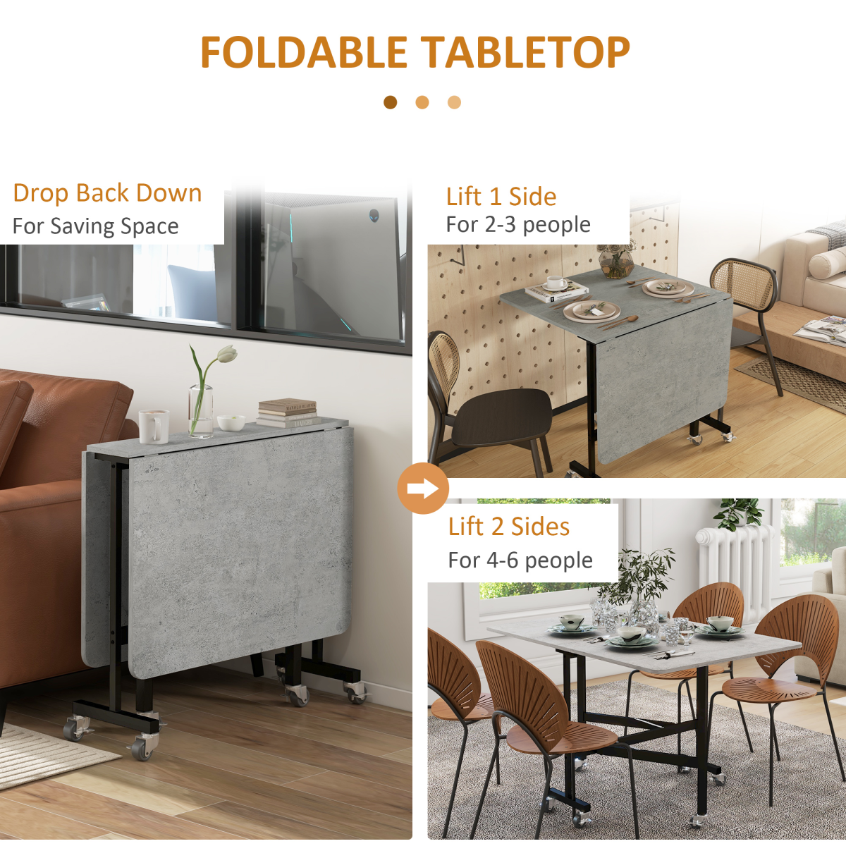 HOMCOM Drop Leaf Table with Wheels Folding Dining Table for Small Spaces, Grey