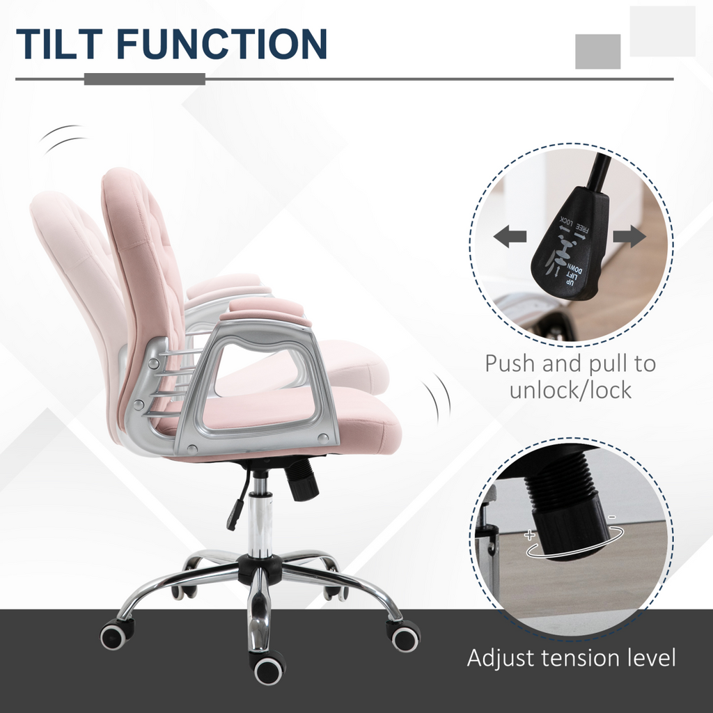 Office Chair Luxury Velour Diamond Tufted Padded Ergonomic 360� Swivel Pink