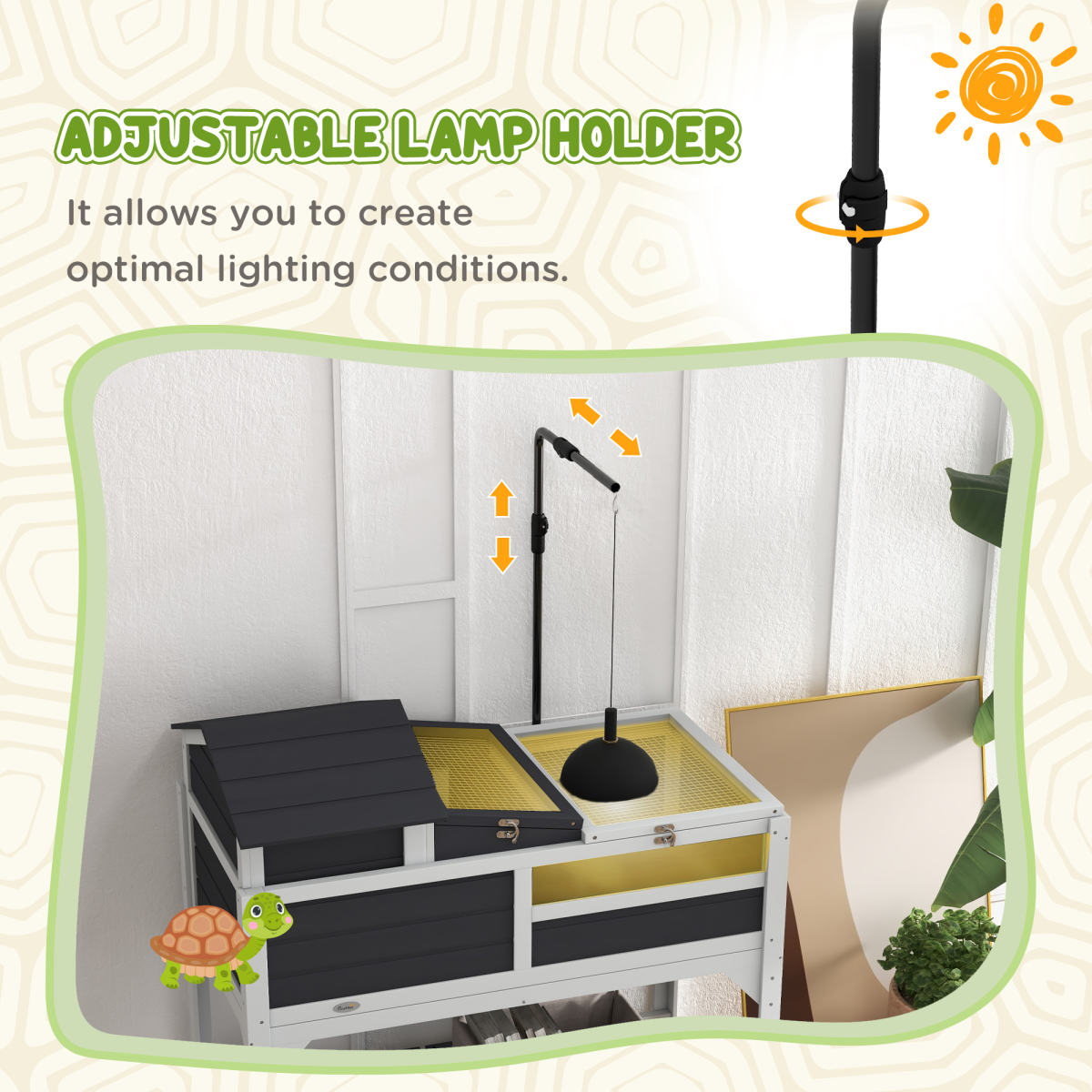 PawHut Tortoise House with Adjustable Lamp Holder, Openable Lid, Storage Shelf