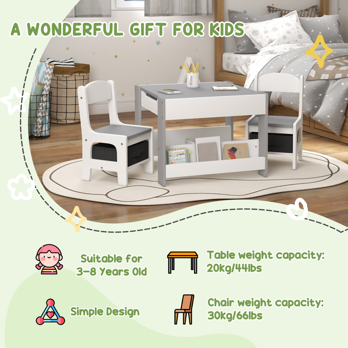 3PCs Kids Table and Chair Set for Nursery, Playroom, Classroom, Grey