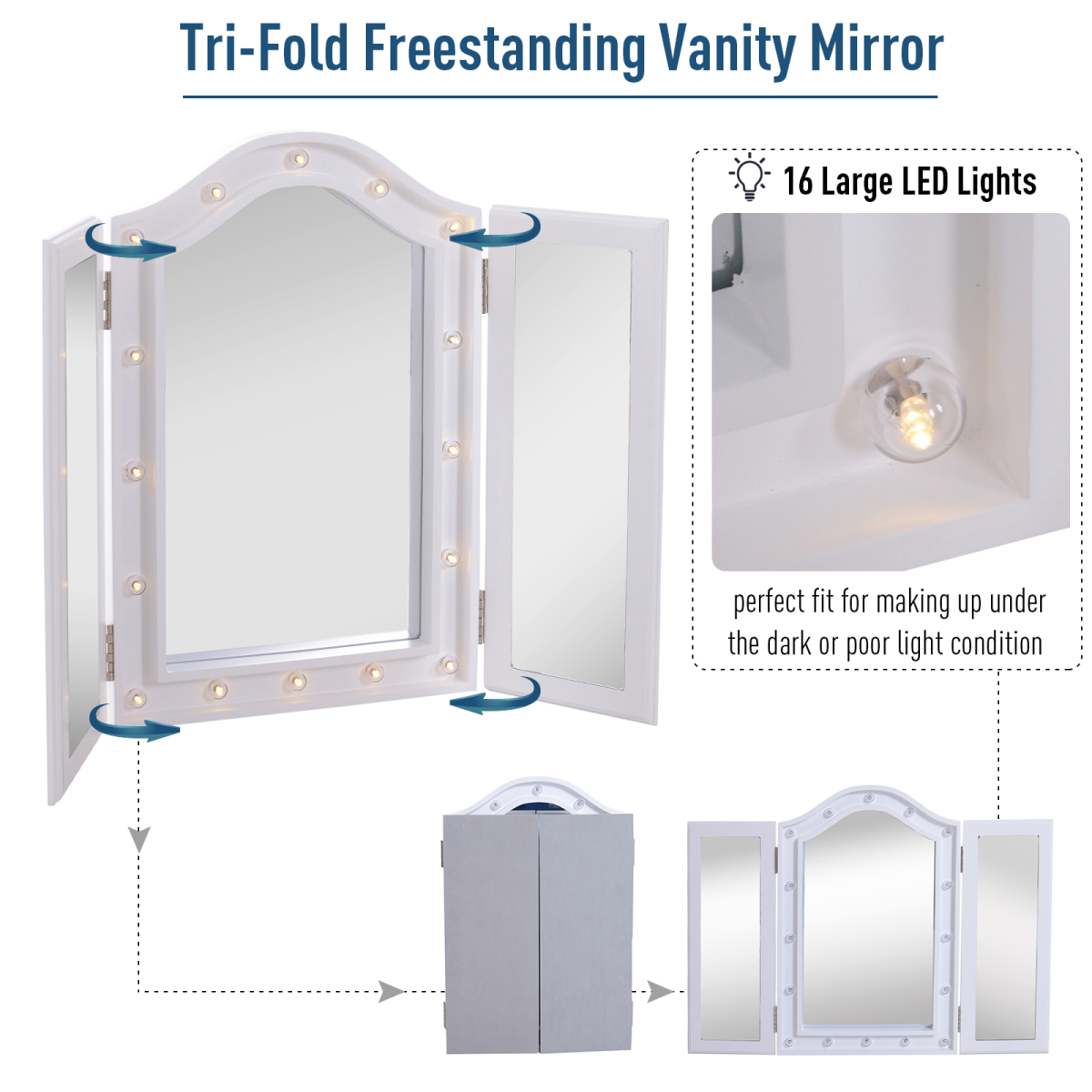 Lighted Tri-Fold Vanity Mirror Large Cosmetic Mirror LED Lights White