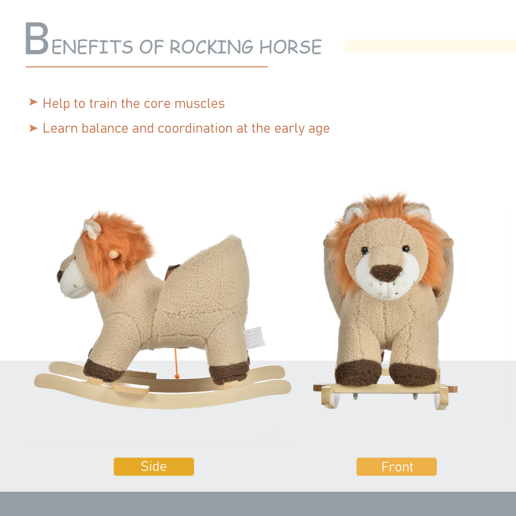 Kids Rocking Lion Plush Ride On Seat Sound Button Wood Base Seat Belt