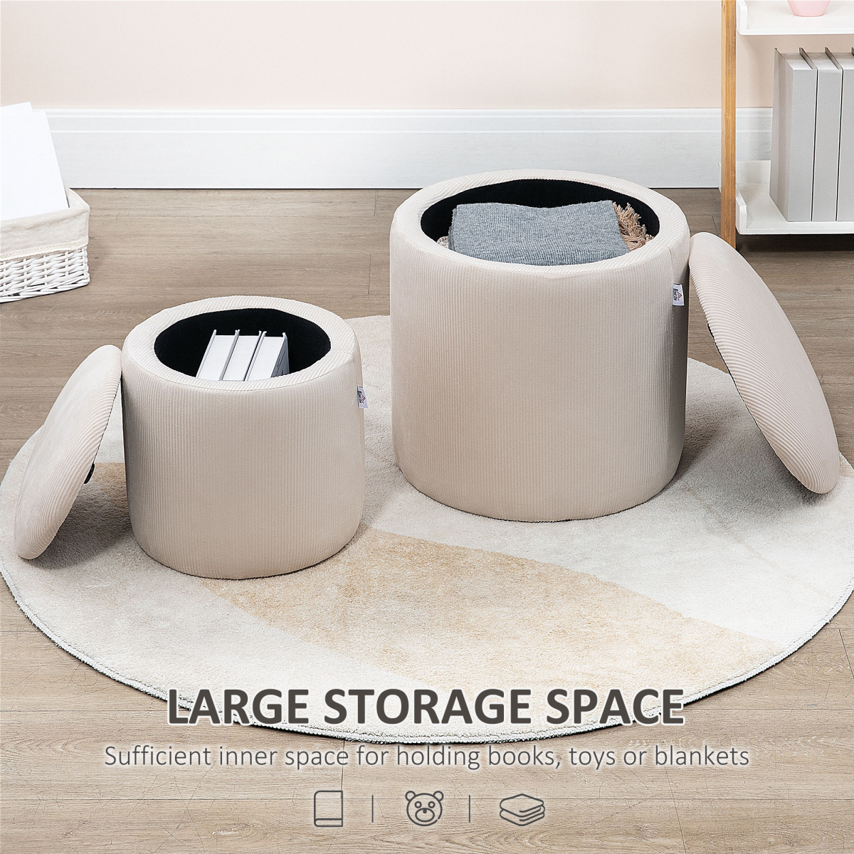 Modern Fabric Storage Ottoman with Removable Lid, Set of 2, Cream White