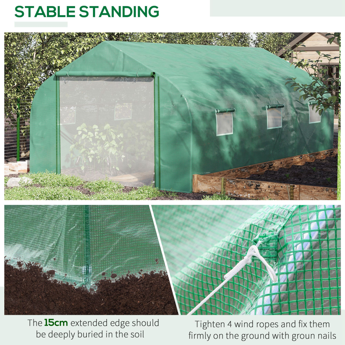 4.47 x 3 x 2m Walk-in Polytunnel Tent, PE Cover, ZipDoor 6Windows, Green
