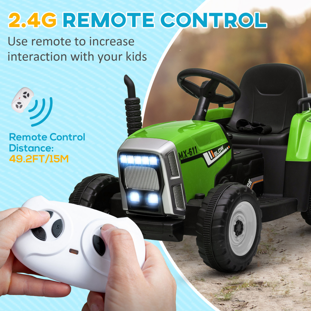 Ride on Tractor with Detachable Trailer, Remote Control, Music - Green