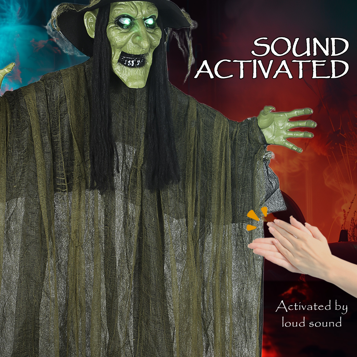 Voice-Activated Hanging Halloween Witch — Green