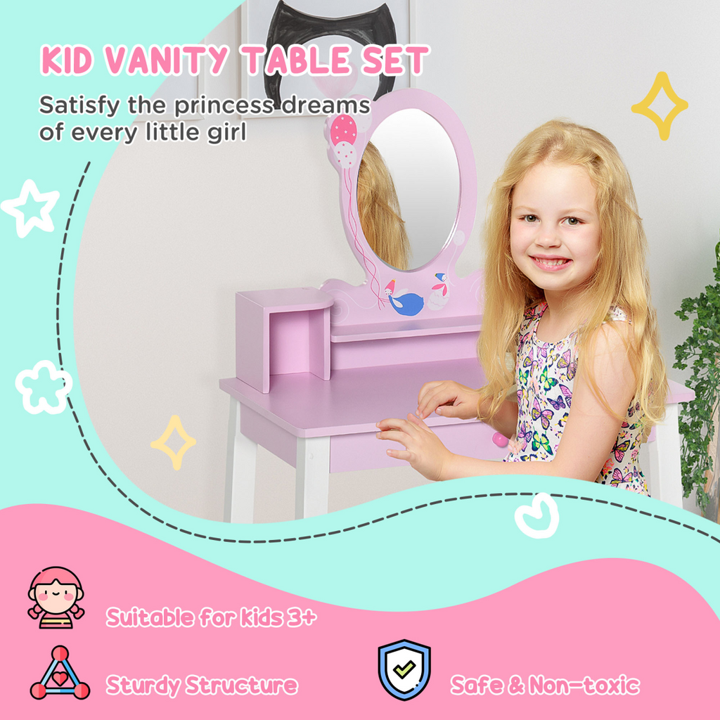 Kids Dressing Table and Stool Set Make Up Desk with Storage (Pink)