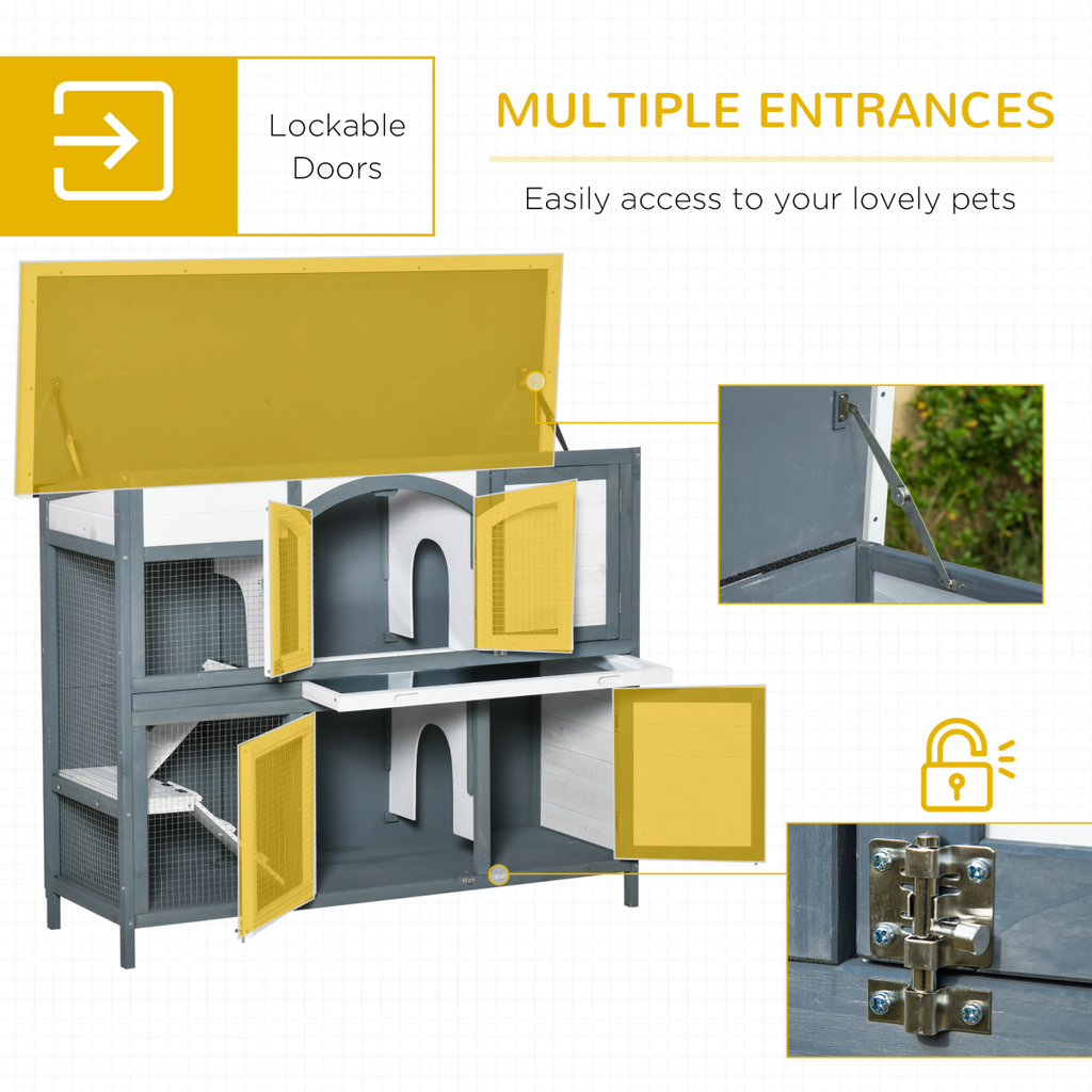 Two-Tier Wooden Rabbit Hutch Bunny Run with Openable Roof, Slide-Out Tray, Ramp
