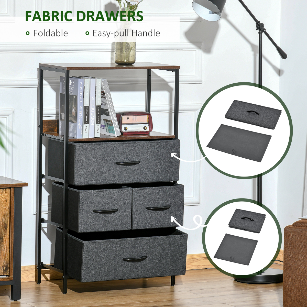 4 Drawer Storage Chest Unit Home with Shelves Home Living Room Bedroom Black