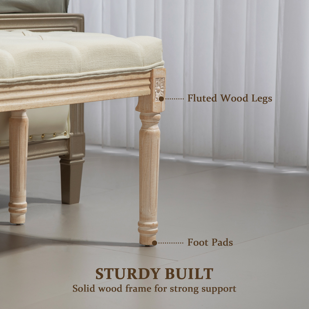 End of Bed Bench Upholstered Foot Stool Linen-Touch Ottoman Cream
