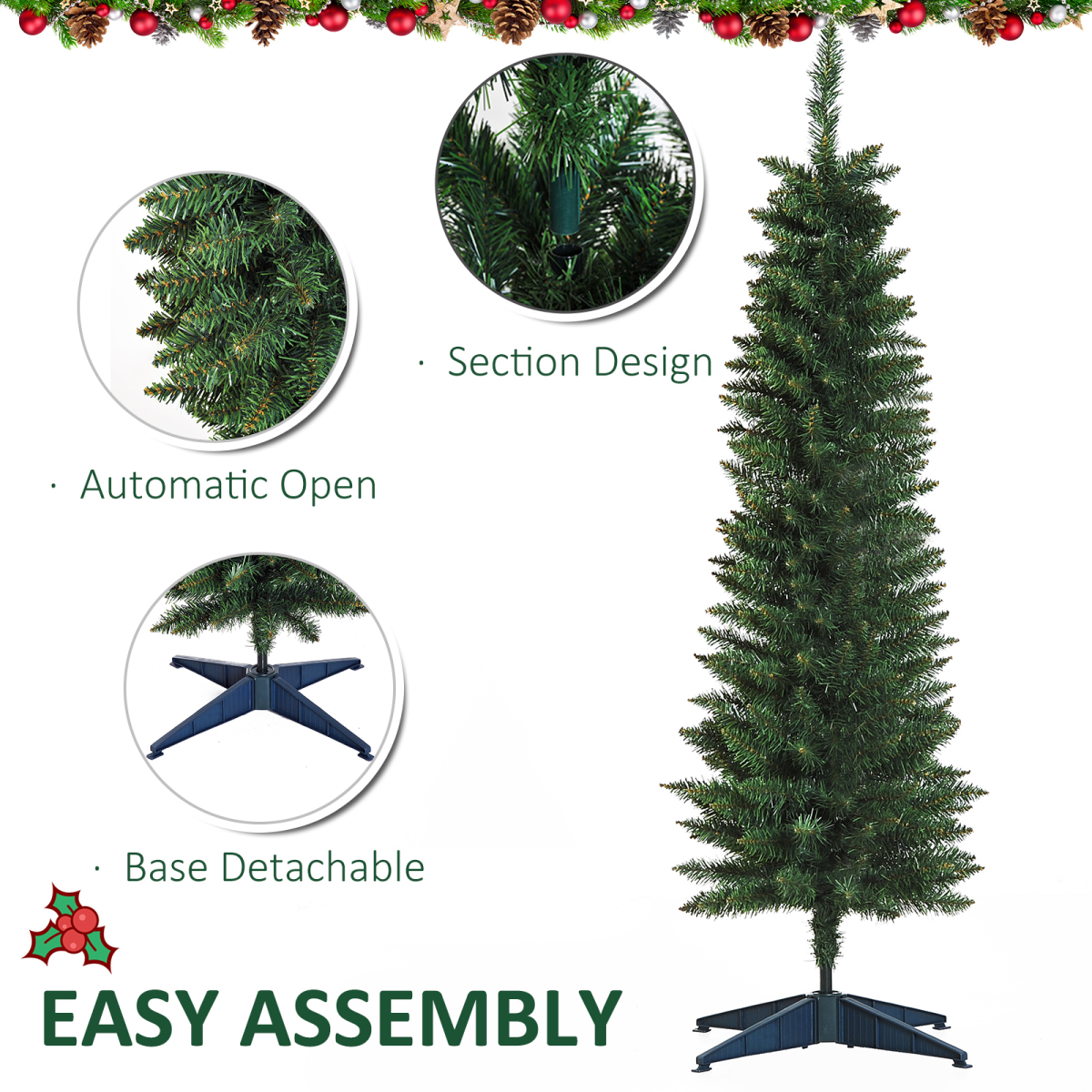 1.5m 5ft Artificial Pine Pencil Slim Christmas Tree 294 Branch Tips with Stand