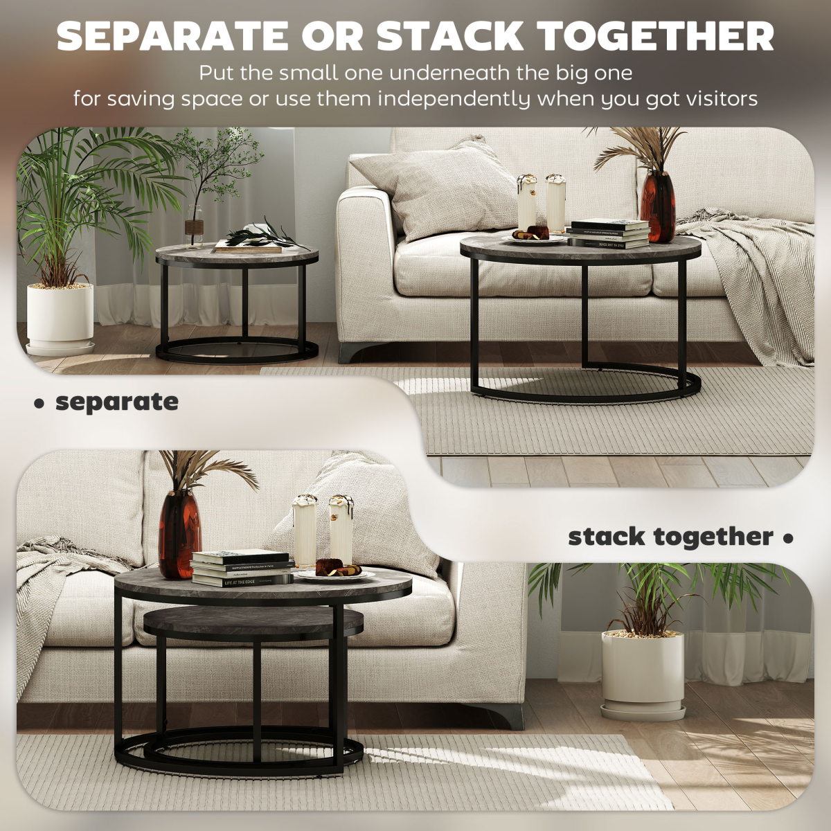 2 Pcs Stacking Coffee Table Set Steel Frame Marble-Effect Top Foot Pads