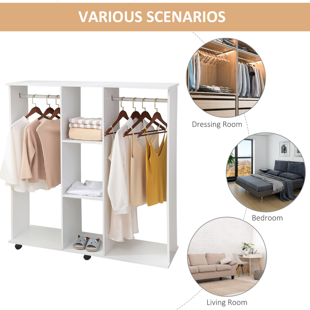 Mobile Double Open Wardrobe with Clothes Hanging Rail Colthing White