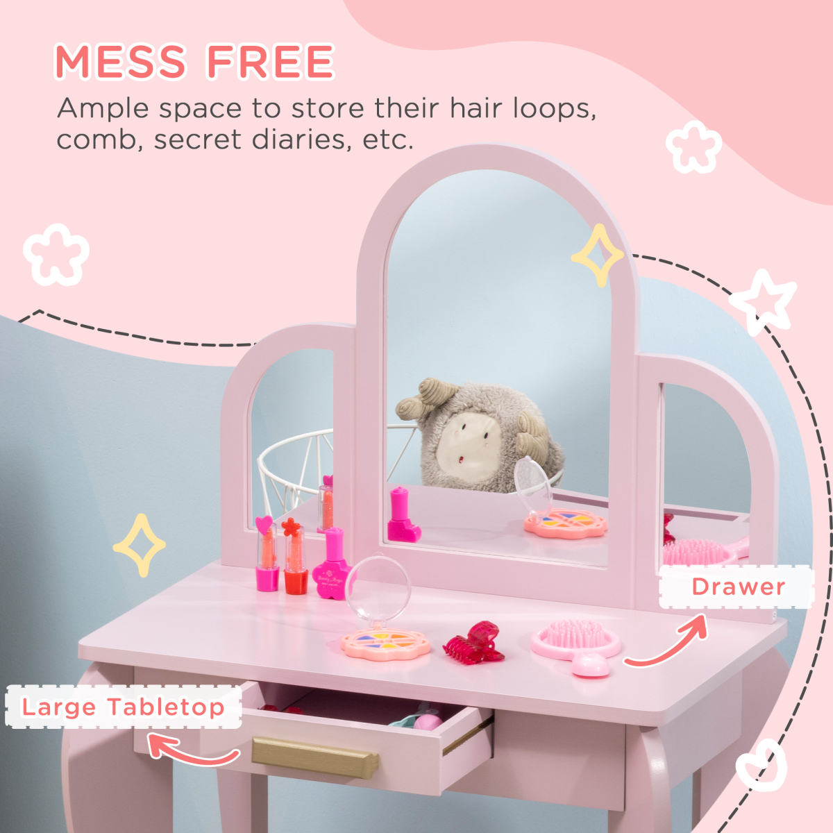 Kids Dressing Table and Stool w/ Mirror and Drawer, for Ages 3-6 Years - Pink