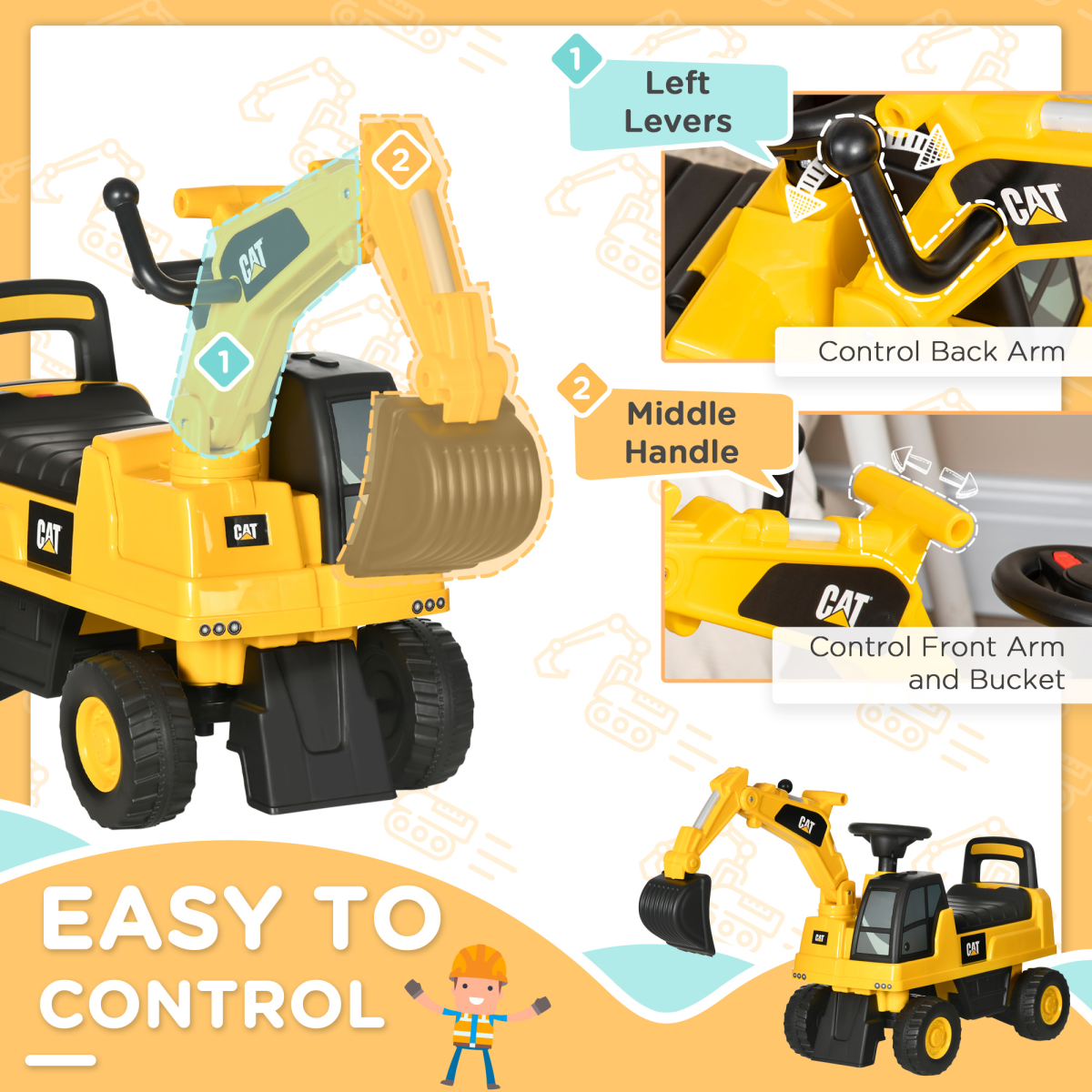 CAT Licensed Kids Construction Ride-On Digger with Shovel, for 1-3 Years