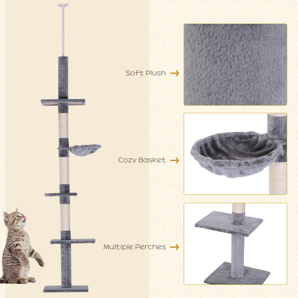 Cat Tree Scratching 5-Tier Kitty Tower  Floor to Ceiling  Adjustable Pawhut