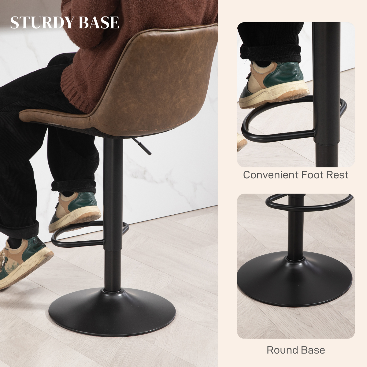 Bar Stools Set of 2, Adjustable Bar Chairs 360° Swivel for Kitchen Brown