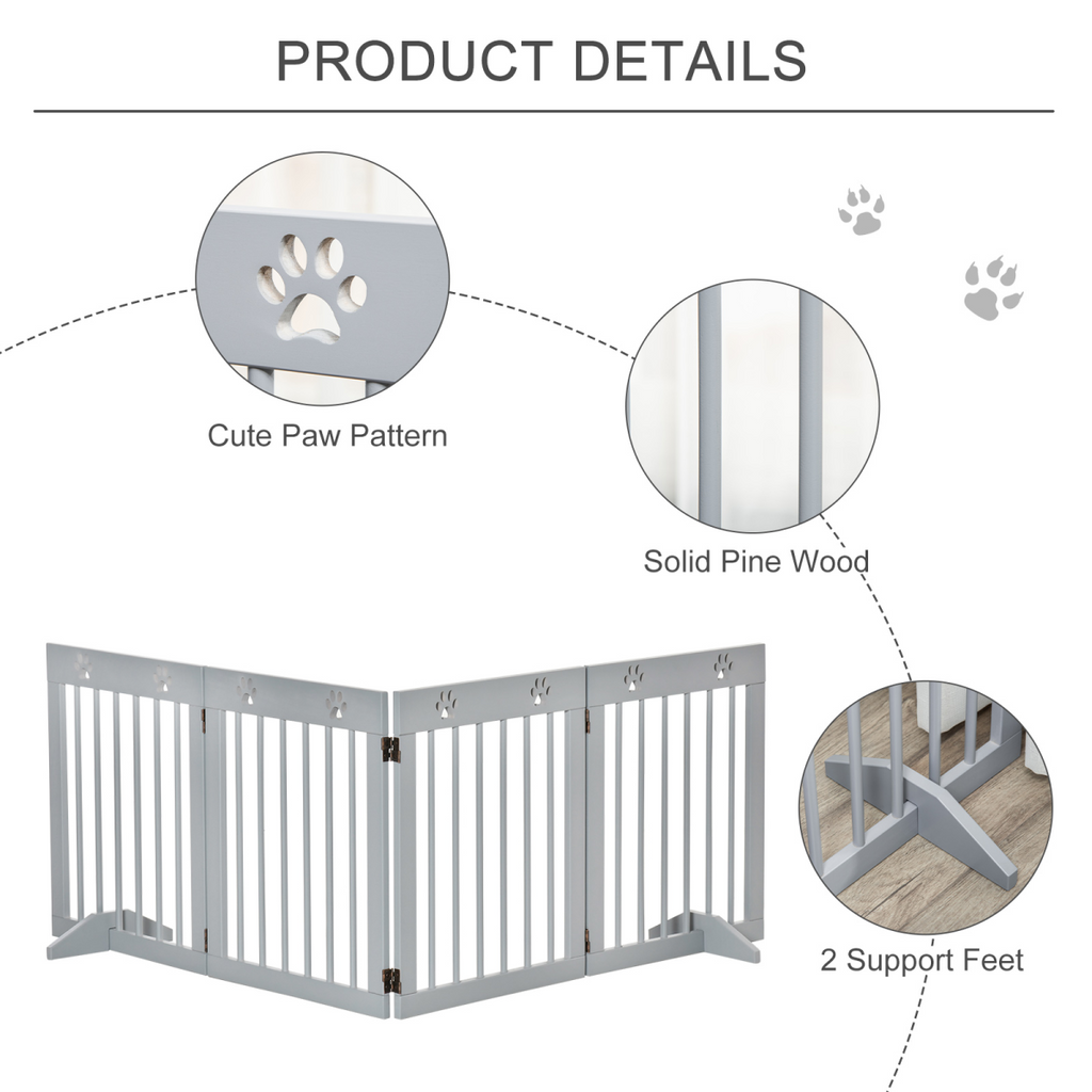 Freestanding Pet Gate 4 Panel Folding Wooden Dog Barrier w/ Support Feet