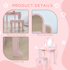 Kids Dressing Table and Stool w/ Mirror and Drawer, for Ages 3-6 Years - Pink