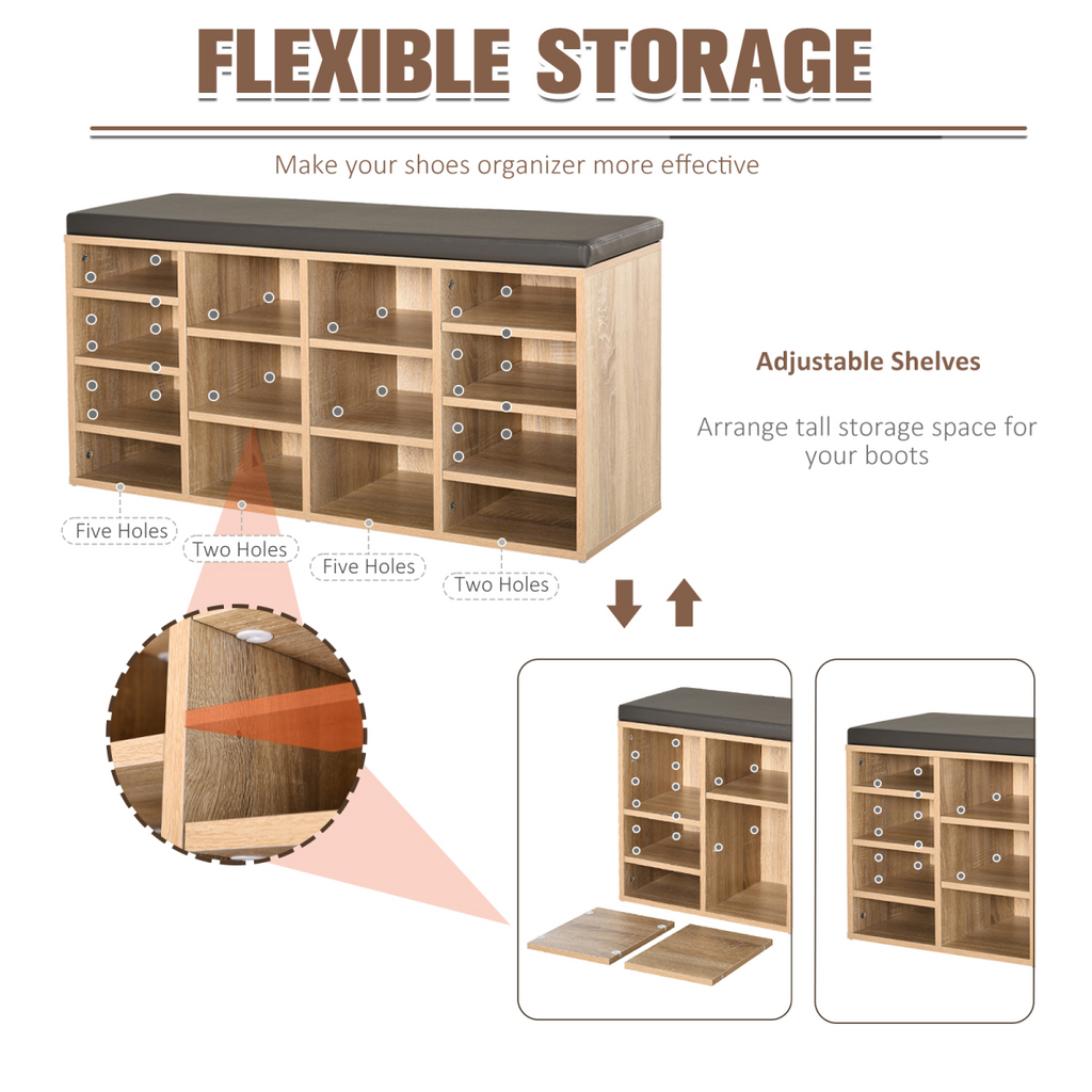 Multi-Storage Shoe Rack 14 Compartments Cushion Moving Shelves Brown