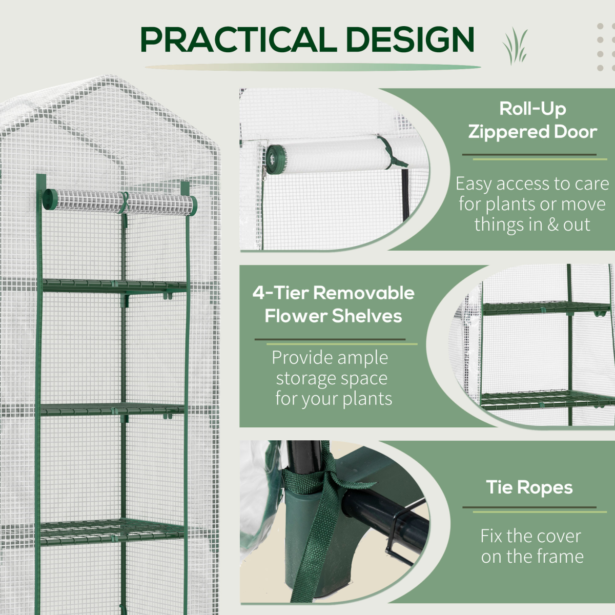4 Tier Mini Greenhouse, Portable with Steel Frame, PE Cover, 160x69x50cm