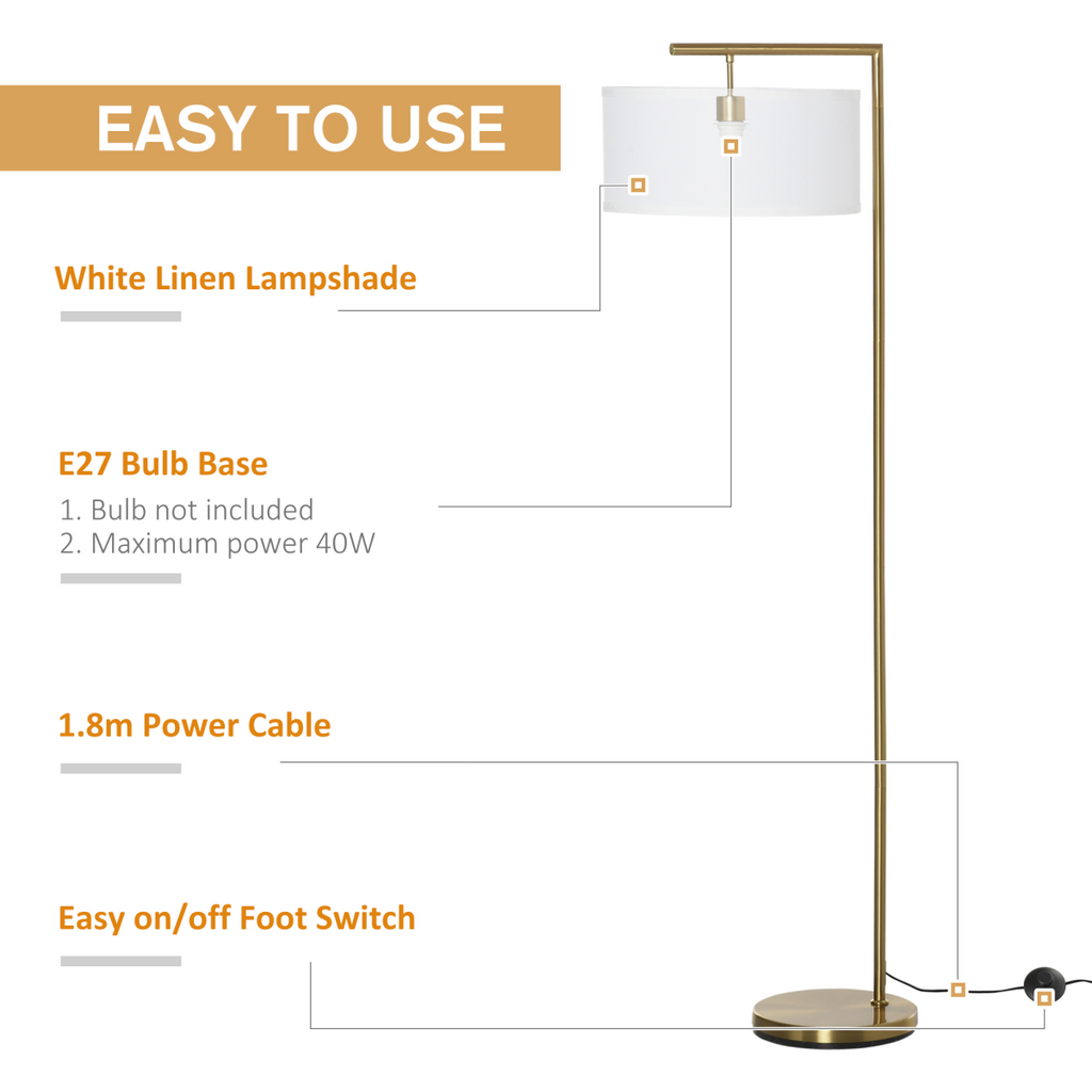 Floor Lamp with Linen Lampshade Round Base for Living Room Bedroom