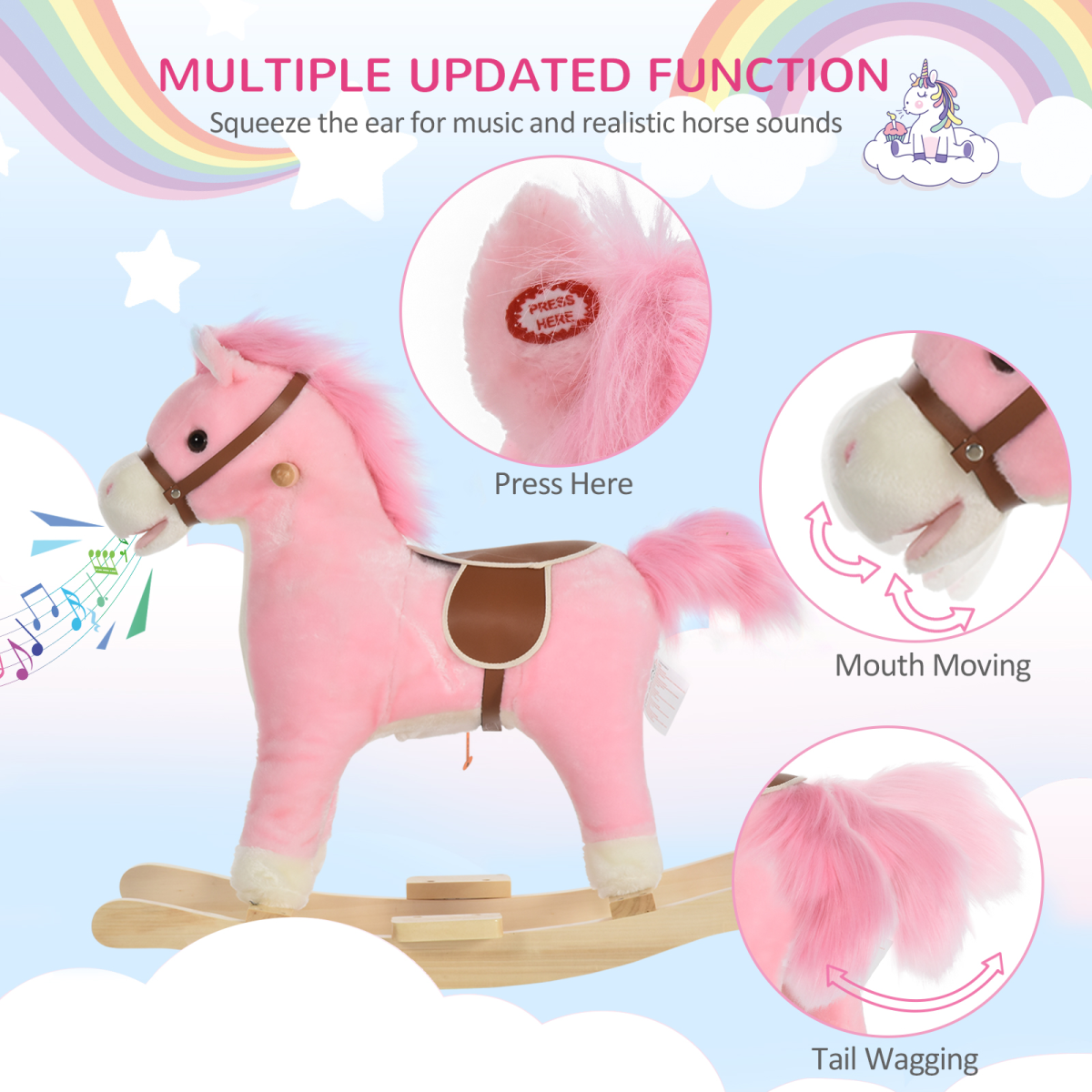 Kids Plush Rocking Horse with Moving Mouth Tail Sounds 18-36 Months Pink