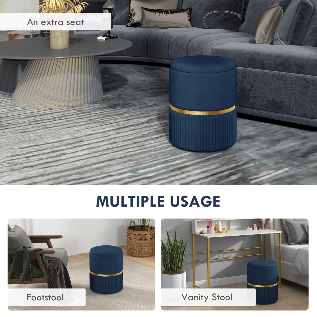 Round Pouffe, Storage Footstool with Cushioned Top, Hidden Space