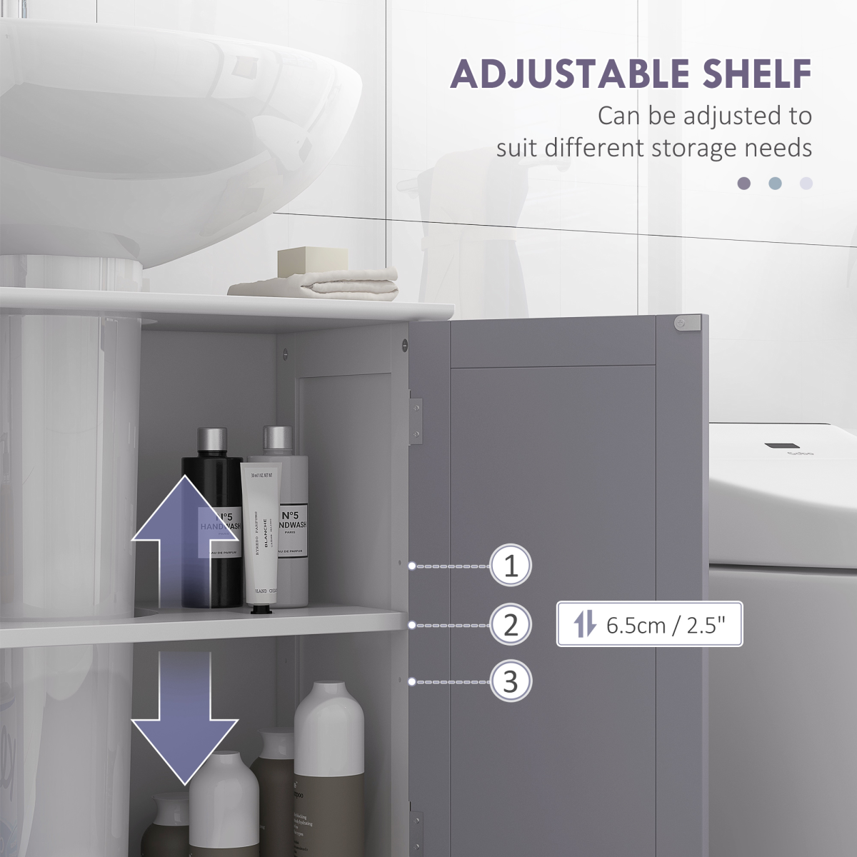 kleankin 60x60cm Under-Sink Storage Cabinet with Adjustable Shelf Grey White