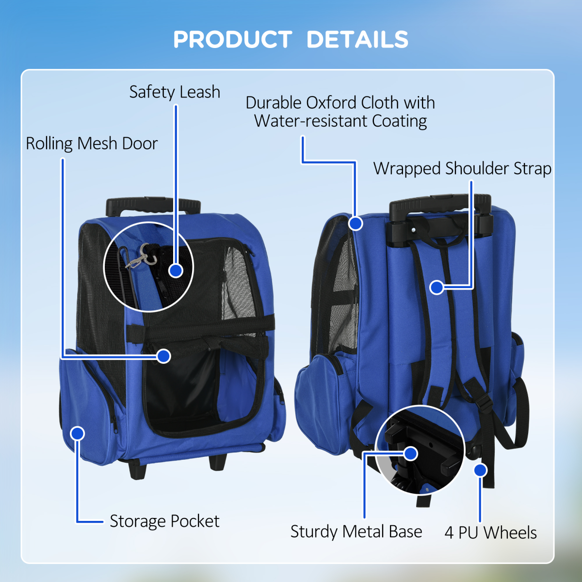 Pet Travel Backpack Bag Cat Puppy Dog Carrier with Trolley and Telescopic Wheel